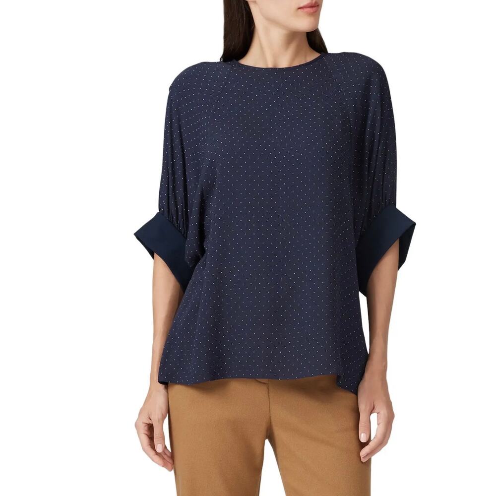 Tibi Pindot Shirred Quarter Sleeve Polka Dot Blouse Blue Small